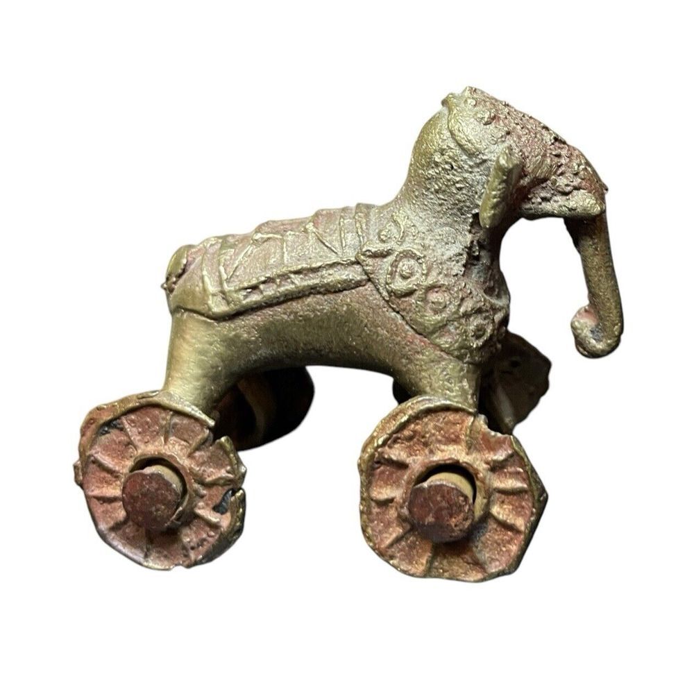 Antique Vintage India Shrine Temple Toy Brass Metal Elephant Rider Wheels Hindu - Picture 3 of 16